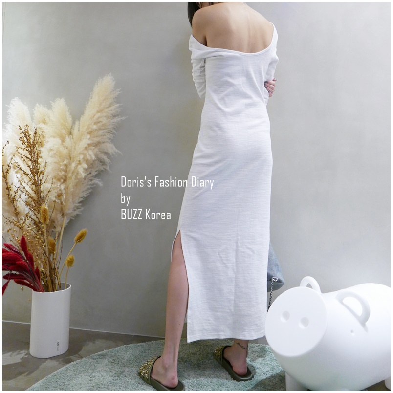 ♣ Doriss Fashion Diary 訂製排釦棉質大圓領挖背開岔洋裝 白