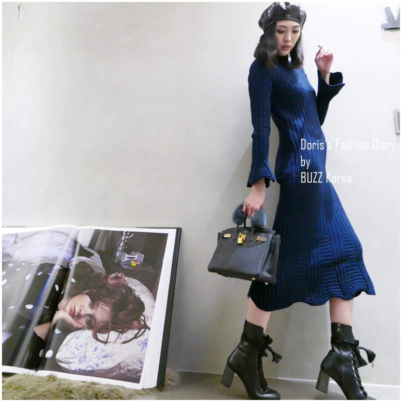 ♣ 立體袖子裙襬設計針織長洋裝 深藍/酒紅