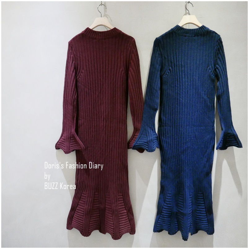 ♣ 立體袖子裙襬設計針織長洋裝 深藍/酒紅