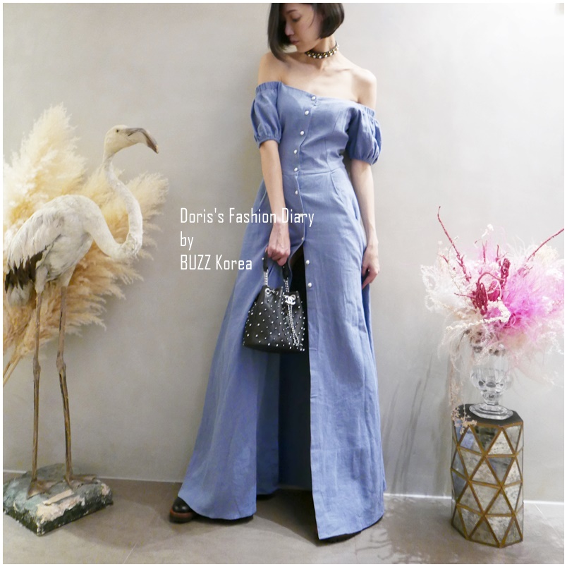 ♣ Doris’s Fashion Diary 棉麻平肩口袋排釦長洋裝 白色/淺藍