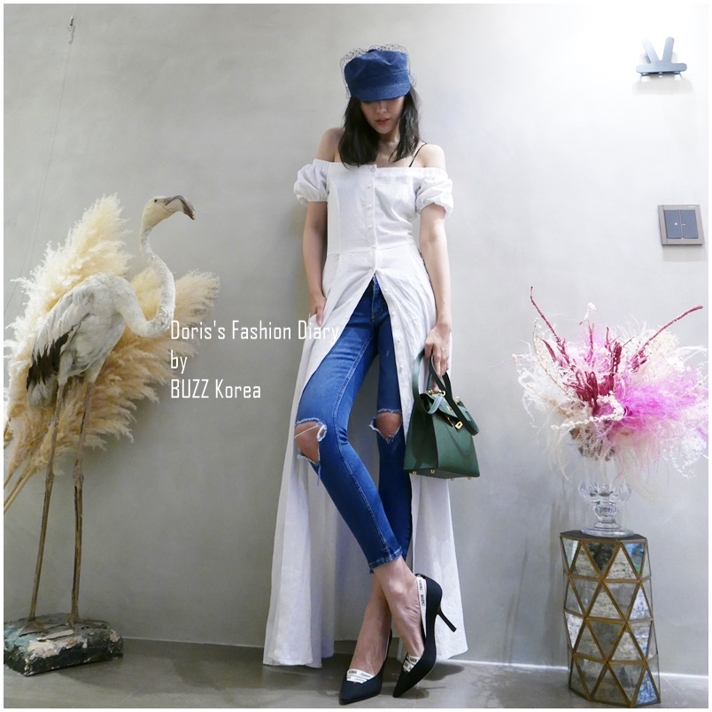 ♣ Doris’s Fashion Diary 棉麻平肩口袋排釦長洋裝 白色/淺藍