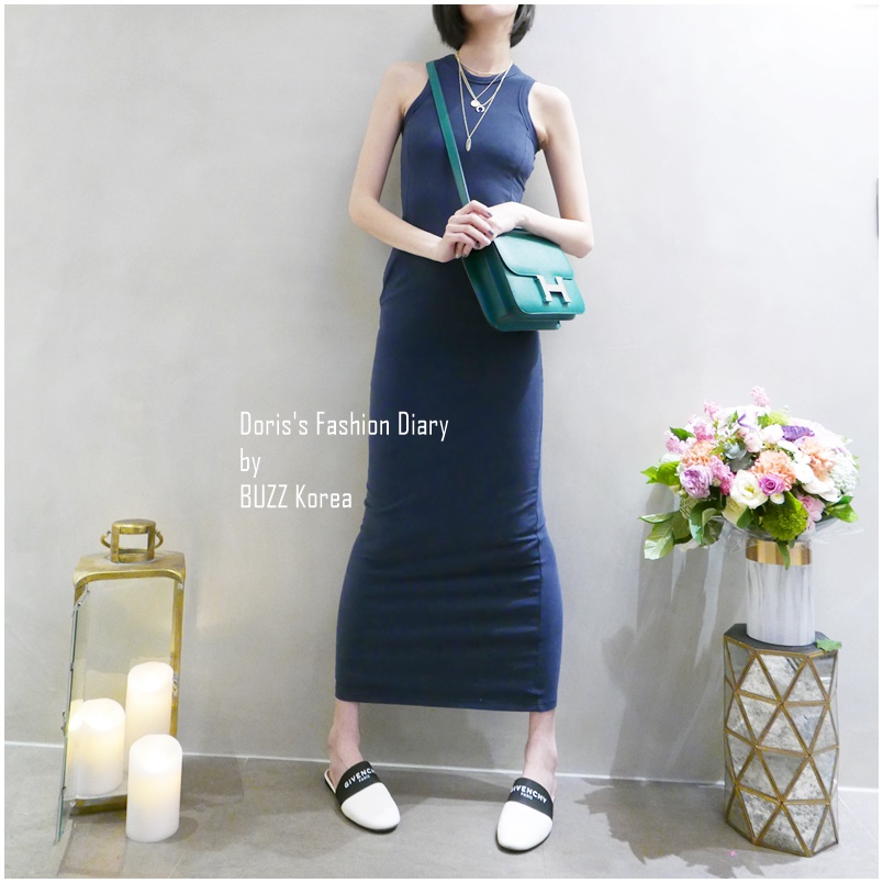 ♣ Doris’s Fashion Diary 彈性棉質收腰剪裁口袋長洋裝 軍綠/深藍