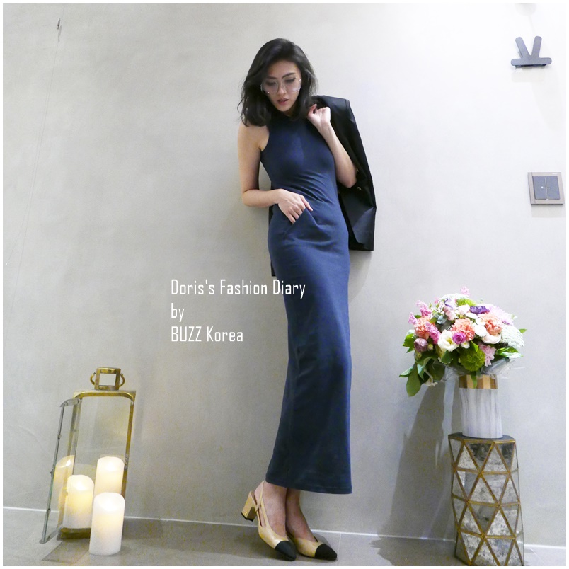 ♣ Doris’s Fashion Diary 彈性棉質收腰剪裁口袋長洋裝 軍綠/深藍