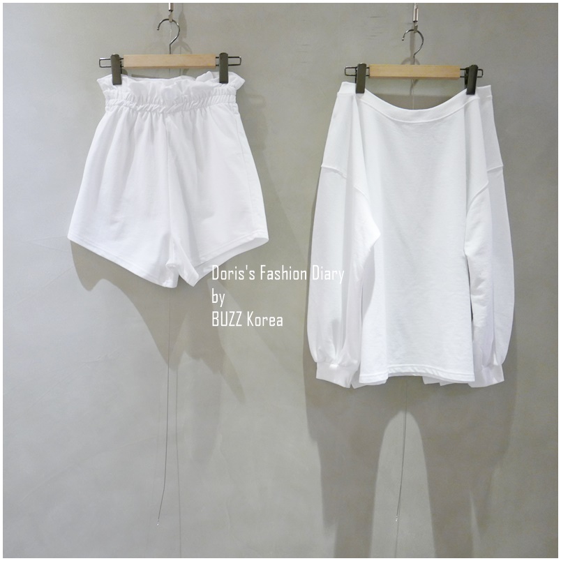 ♣ 白色棉質運動風高腰短褲套裝