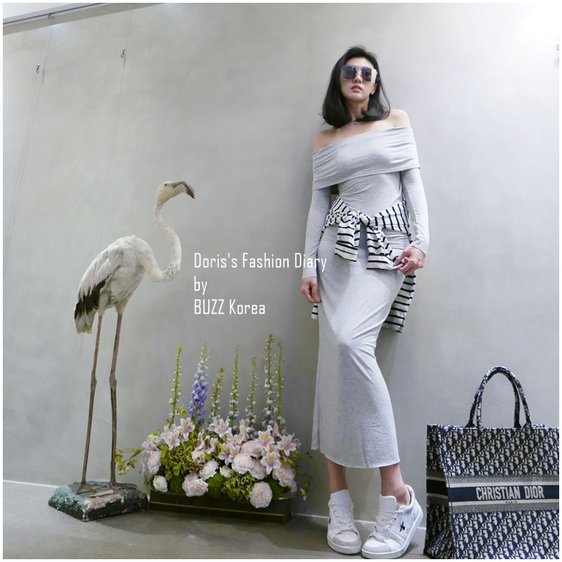 ♣ Doris’s Fashion Diary 訂製彈性棉質平肩素色長洋裝 灰色/黑色 