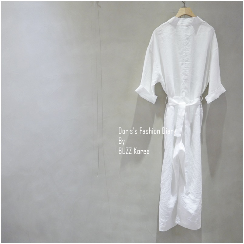 ♣ Doris’s Fashion Diary 訂製麻料V領排扣連身長褲 白色 