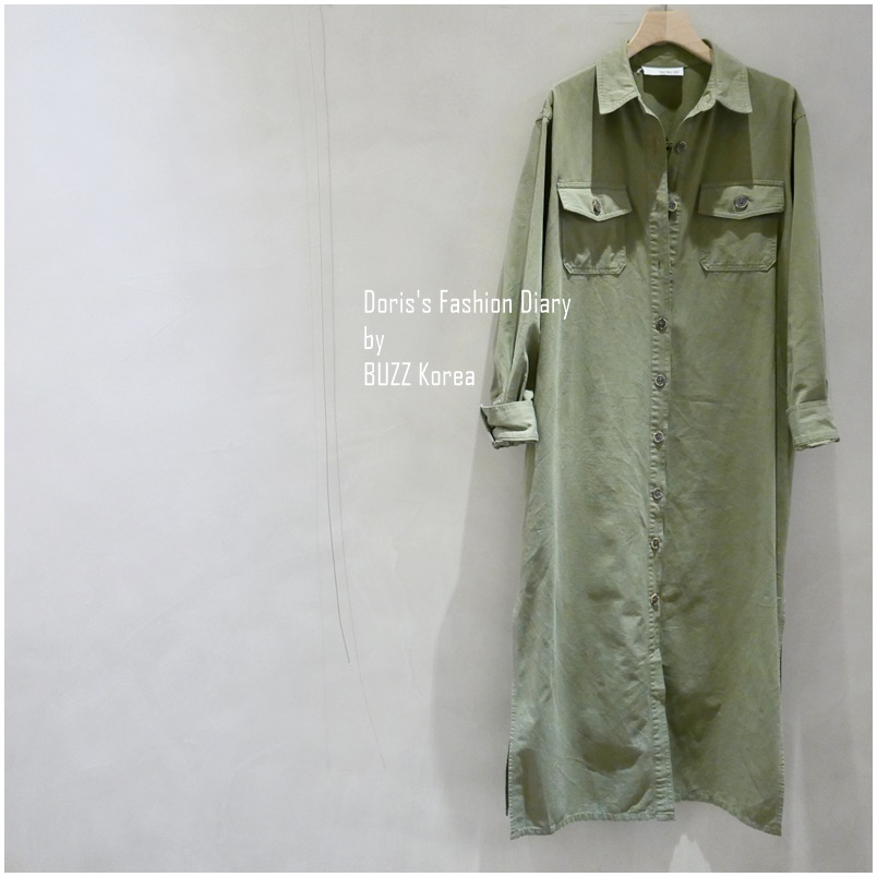 ♣  軍綠長板口袋襯衫洋裝/外套 