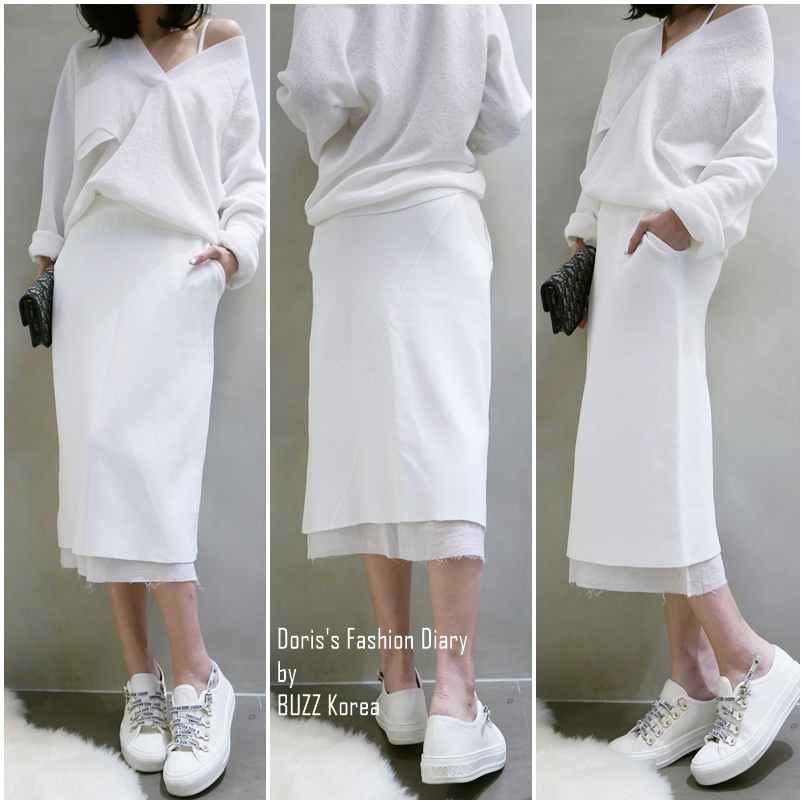 ♣ 雪紡拼接下襬氣質棉麻口袋鉛筆裙 白色