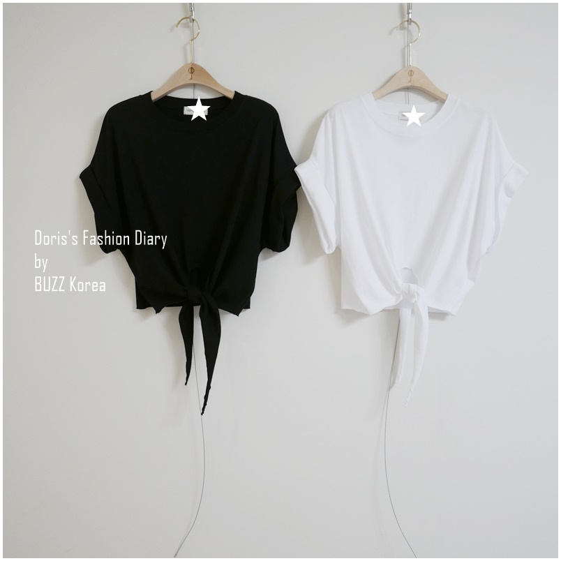 ♣ J008 大寬袖短腰綁帶造型棉Tee  白色/黑色  