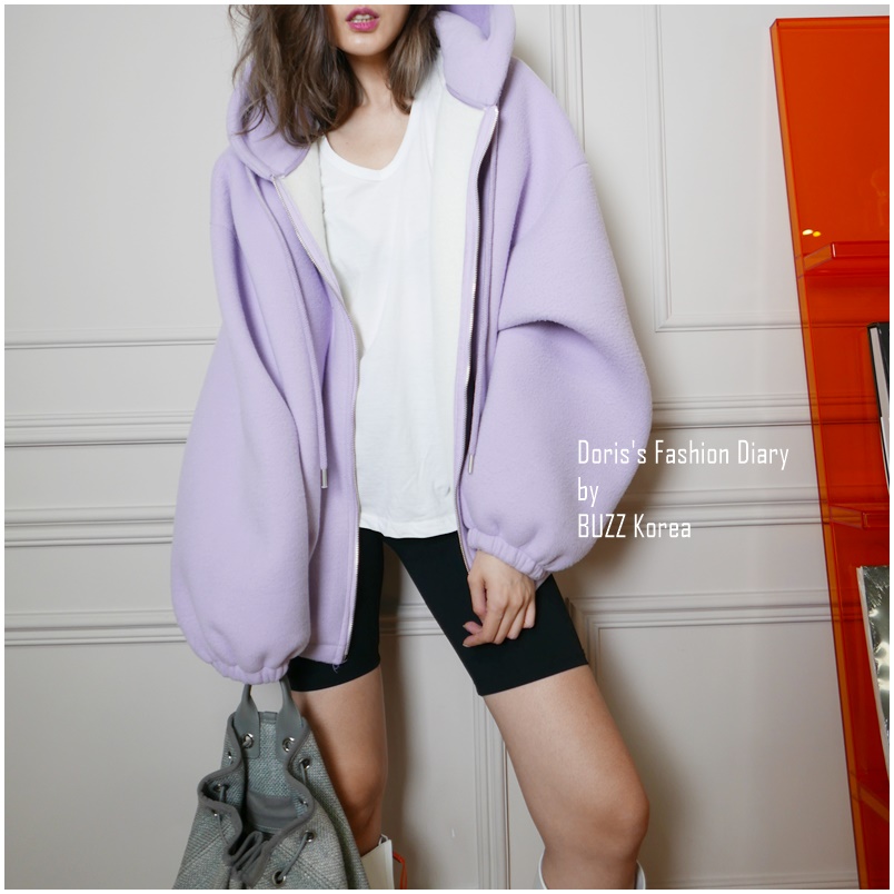 ♣  N012  可愛厚棉大大連帽外套 米白/粉紫