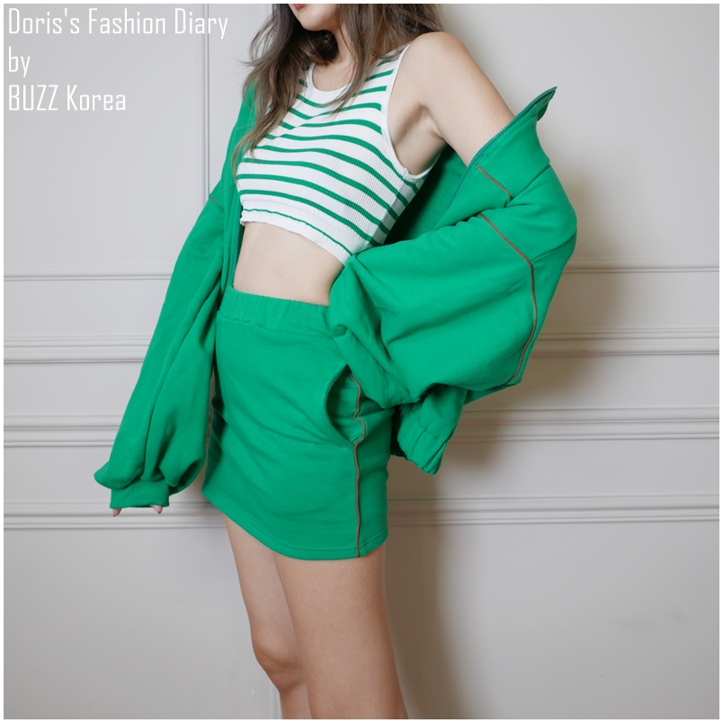 ♣ V053 棉質壓線高領運動外套+口袋短(褲)裙套裝 BV綠/黑色 (不拆售)