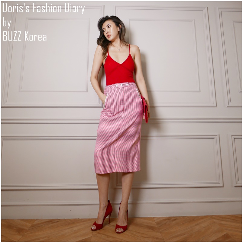 ♣ Z032 紅格子復古高腰口袋窄裙