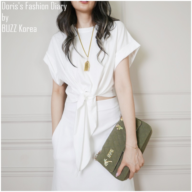 ♣ C019 棉質寬袖短腰綁帶設計上衣 白色/綠豆沙