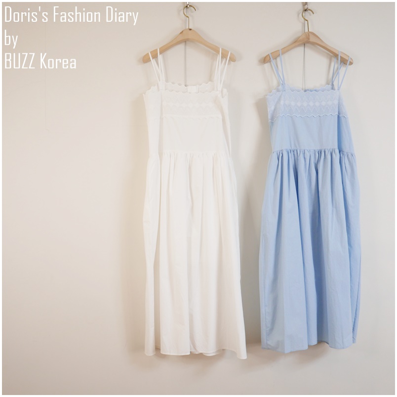 ♣ D024 拼接蕾絲領小扣子口袋長洋裝 白色/Baby blue