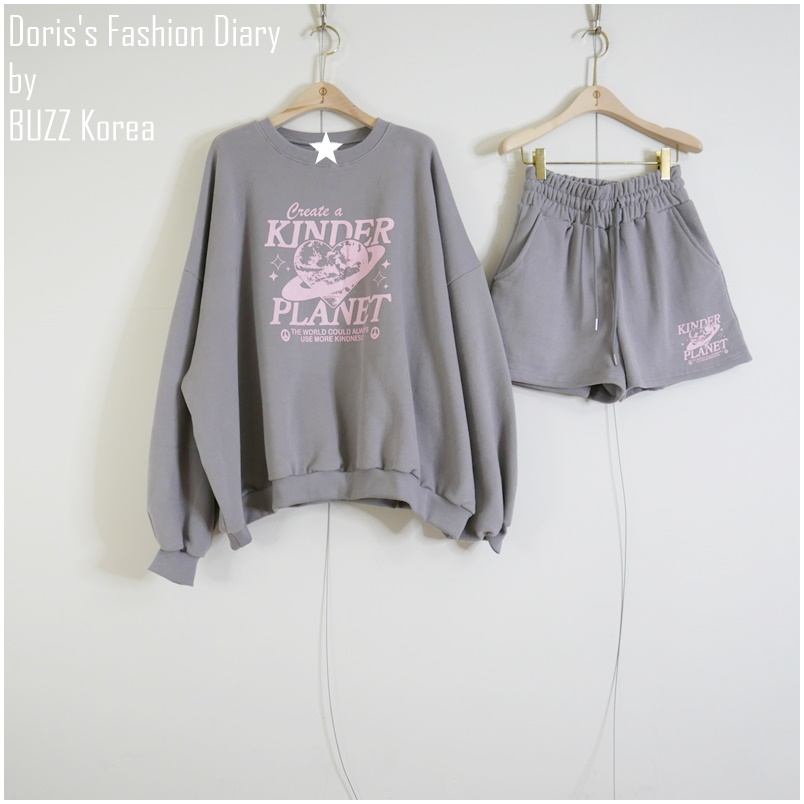 ♣ H029 美式休閒棉質刷毛衛衣+短褲套裝 粉紫/灰色