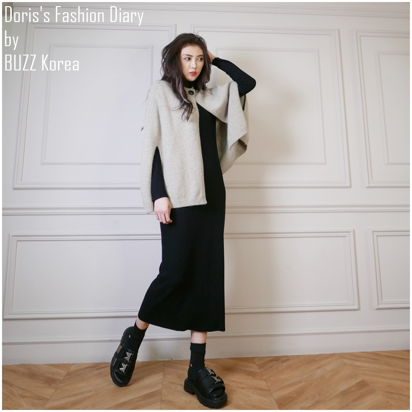 ♣ G004 Doriss Fashion Diary 訂製舒服螺紋高領素色長洋裝 黑色/奶油