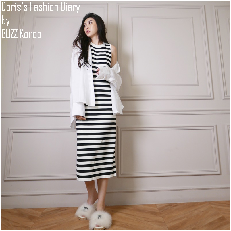 ♣ L053 Florian Knit Dress 涼感針織背心長洋裝 (黑色 / 條紋)